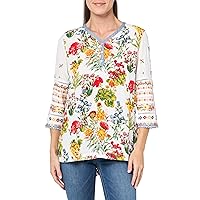John Mark Women's V-Neck Floral Tunic with Embroidered Three Quarters Sleeves