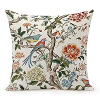 Chinoiserie Red Peony Floral Turquoise Tree Bird Throw Pillow Covers with Zipper 20x20in Farmhouse Pillow Cases Linen for Couch Sofa Bedroom Home Decor