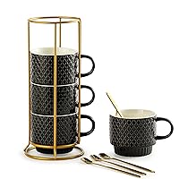 Gomakren Coffee Mugs Set of 4, 13 Ounce Stackable Coffee Mug Set with Stand, Stoneware Coffee Cup with Spoon for Coffee, Milk, Tea, Cocoa, Black