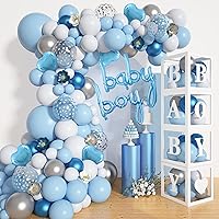 137pcs Baby Blue Balloons Baby Shower Decorations for Boy with Baby Boxes, White Blue Balloon Arch Kit Baby Boxes with Letter (A-Z+Baby+Boy) for Boy 1st Birthday Gender Reveal Party Supplies