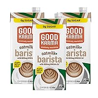 Good Karma Unsweetened Oatmilk + Barista Blend, 32 Ounce (Pack of 3), 800mg Omega -3s, Plant-Based Non-Dairy Milk Creamer Alternative with Oats, Flax and Peas, Lactose Free, Vegan, Shelf Stable