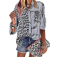 Andongnywell Women's V Neck Leopard Print Shirt Half Sleeve Button Down Shirt Cheetah Printed Blouse Tops with Pocket