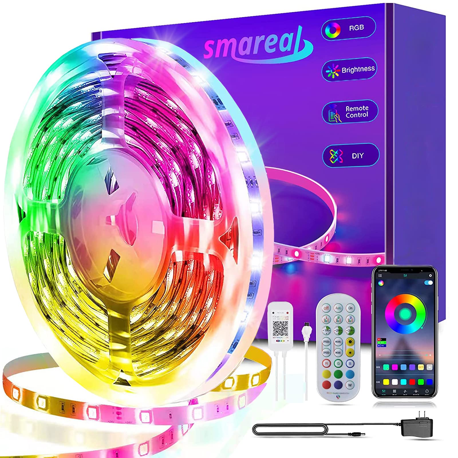 smareal Led Lights 50ft Smart APP Control Music Sync Led Strip Lights RGB Color Changing Led Lights Strips with Remote Led Lights for Bedroom Kitchen and Party