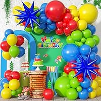 Red Blue Yellow Green Balloon Arch Kit, Carnival Circus Balloon Garland Kit with Starburst Foil Balloons Blue Yellow Green Balloons Party Supplies for Birthday Party Carnival Party Video Game Party