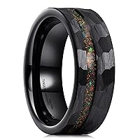King Will 8mm Wood/Red Opal/Gold Foils/Purple Meteorite Inlaid Black Tungsten Carbide Rings Wedding Band Brushed Hammered Men’s Engagement Ring Comfort Fit for Men Women