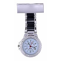 Censi Unisex Silver Nurse Pocket FOB Watch Diamante Bezel Tunic Brooch Analog Display Japanese Quartz with Black Strap Unisex