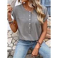 Women's T-Shirt Batwing Sleeve Half Button Tee T-Shirt for Women (Color : Gray, Size : Large)