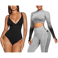Workout Sets for Women 2 Piece Long Sleeve Yoga Outfits Seamless Ribbed Crop Top High Waist Legging Large