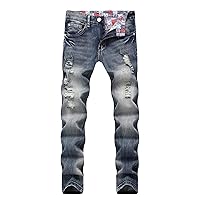 Andongnywell Man's Slim-fit Destroyed Ripped Denim Pants Men's Stretch Straight Fit Skinny Hole Jeans