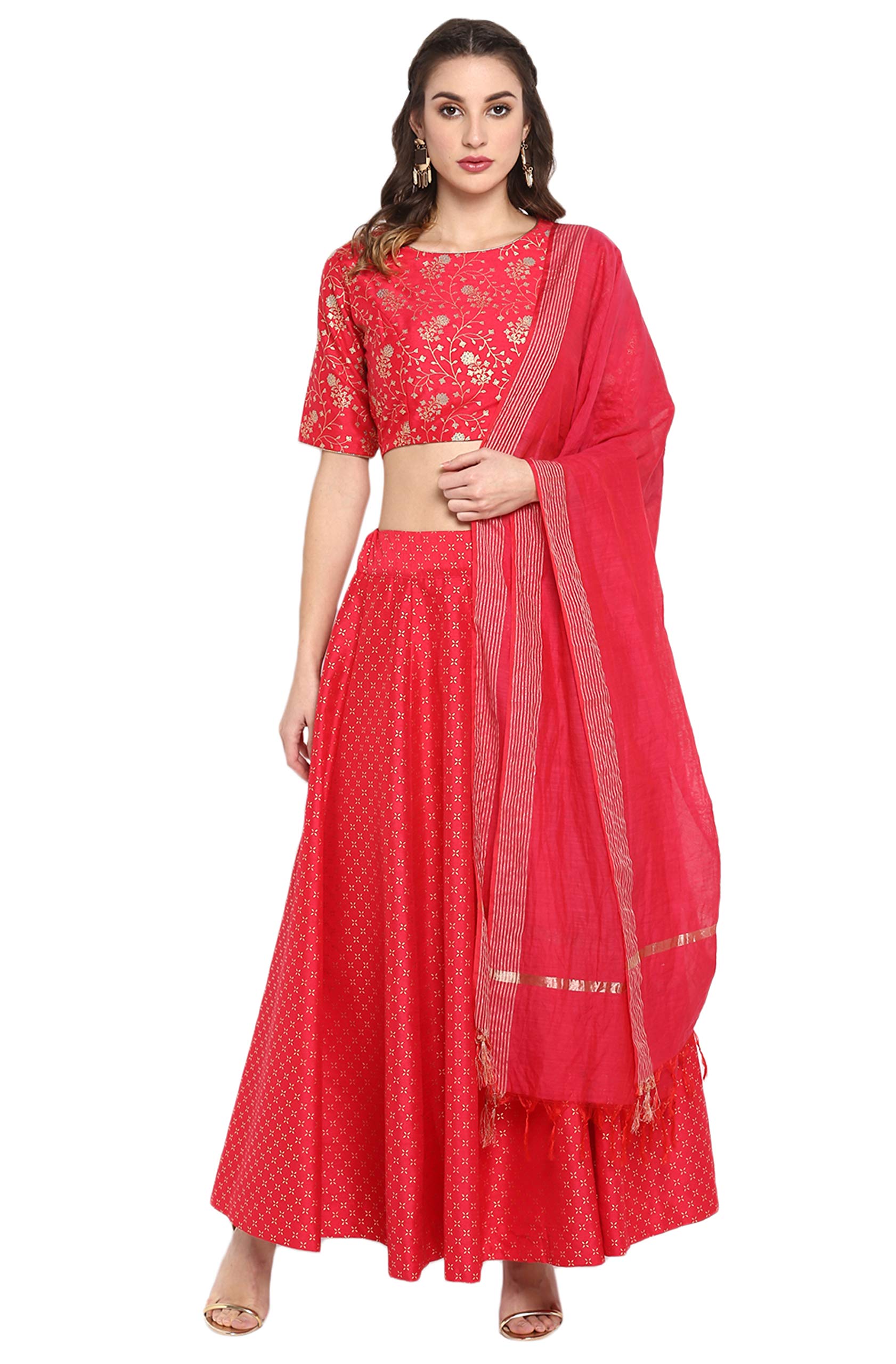 Janasya Valentines Day Gifts Pink Printed Poly Silk Lehenga Choli with Dupatta