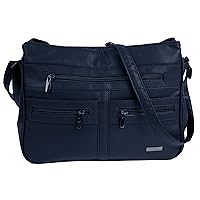 Large Faux Leather Handbag/Shoulder Bag with 7 Zip Compartments & Double Zip Top (Navy Blue)