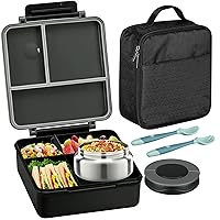 Bento Lunch Box for Kids with 8oz Soup Thermo&Lunch Bag, Leak-Proof Lunch Food Containers with 4 Compartment, Hot Food Insulated Food Jar for Kids School (Black)