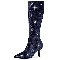 Allegra K Women's Sparkle Glitter Pointy Toe Stiletto Heel Knee High Boots