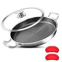 Vinchef Skillet with Lid 13 Inch Stainless Steel Pan with 2pcs Silicone Handles