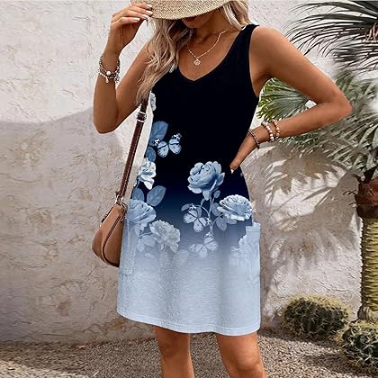 Summer Dresses for Women 2024 Trendy Boho Floral Print Tank Dress Pocket Casual Loose Flowy Sleeveless Sundresses