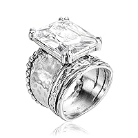 925 Sterling Silver Statement Ring With A White Octagon Shaped Cubic Zirconia CZ , Vintage Antique Look, Hypoallergenic, Nickel and Lead-free, Artisan Handcrafted Designer collection, Made In Israe 0