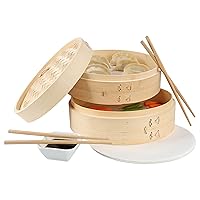 Bamboo Steamer Basket for Dumplings, Dim Sum, Bao Bun - 10in Japanese, Korean, Chinese Vegetable Steamer for Wok - Includes 2 Tier Cooking Steamer, Liners, Chopsticks, and Sauce Dish