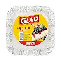 Glad Square Disposable Paper Plates with Gray Victorian Print|Soak /Cut-Proof, Microwaveable Heavy Duty, Disposable , 7 Inches, 50 Count|Square Party plates Bulk