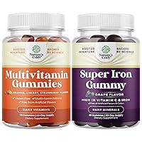 Bundle of Potent Daily Multivitamin Gummies for Adults - Wellness Blend of Vitamin D A C E B12 Zinc and Biotin and Delicious Iron Gummies for Women and Men - High Strength 45mg per Serving Gentle Gumm