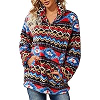 Beotyshow Womens Aztec Fleece Jacket Fuzzy Sherp Sweaters Pullover Vintage Sweatshirt Half Zip Winter Coats with Pockets