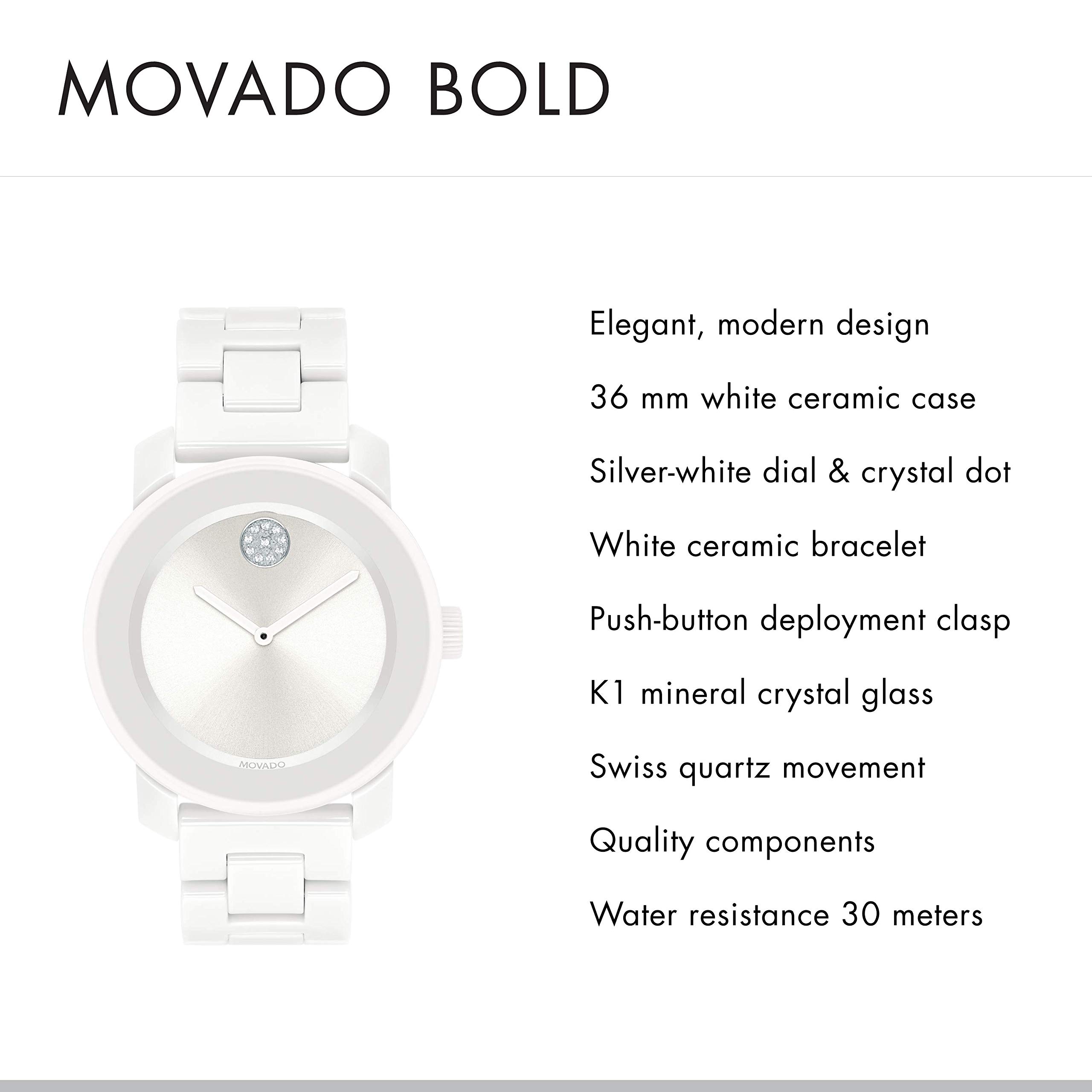 Movado Women's Bold White Ceramic Steel Case and Link Bracelet, White