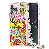 Compatible for iPhone 14 Pro Max Case Cute Aesthetic - Glitter Pink Phone Case with Camera Protector - Girly Panther Cover with Wrist Strap Design for Woman Girl 6.7