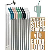 purifyou 14.5 inch Stainless Steel Straws With Platinum Silicone Tips, For Stanley and other 40 oz Tumbler, Extra Long & Wide Set of 10 Reusable Drinking Metal Straw w/Portable Case & Cleaning Brush