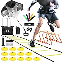 Agility Ladder,Football Training Equipment Set,4 Agility Hurdles, 20 feet12 Rungs Speed Ladder,12 Disc Cones,Resistance Parachute, Jump Rope, 4 Resistance Bands