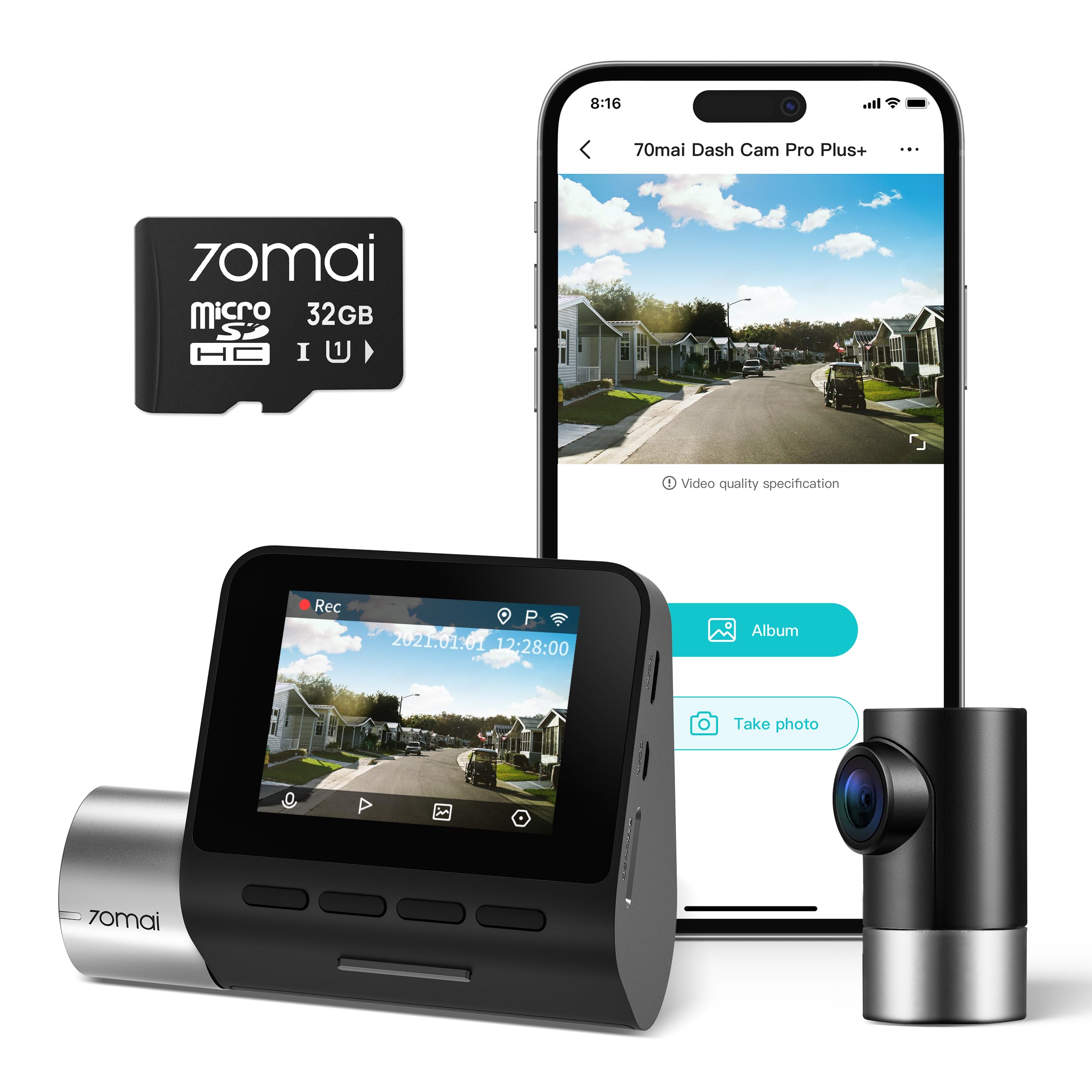 70mai True 2.7K 1944P Ultra Full HD Dash Cam A500S, Front and Rear, 70mai Micro SD Card 32GB, Built in WiFi GPS, ADAS, Sony IMX335, 2'' IPS LCD Screen, WDR, Night Vision