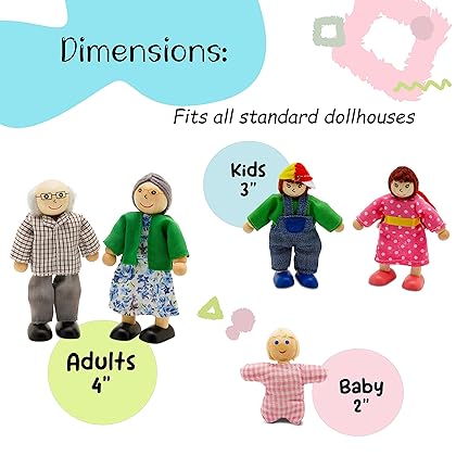 Wooden Dollhouse Family Set - 8 Piece Kit with Mom, Dad, Grandparents, Children, Baby and Dog – 100% Natural Wood, Nontoxic Paint, Smooth Edges