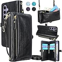 Lacass Crossbody Wallet Case for Galaxy S24+ Plus,[Cards Theft Scan Protection] Card Holder Zipper Flip Leather Cover Wrist Strap Stand for Samsung Galaxy S24+ Plus(Black)