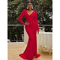 Dresses for Women Ruffle Trim Gigot Sleeve Maxi Bodycon Dress (Color : Red, Size : Large)