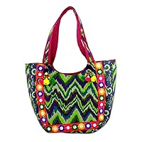 NOVICA Handmade Embroidered Tote Handbag with Green Zigzag Motifs from India Multicolor Printed Floral 'Sonic Green'