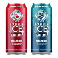 Caffeine Cherry Vanilla and Blue Raspberry Sparkling Water with Caffeine, Zero Sugar (Pack of 12, 16 fl oz cans)