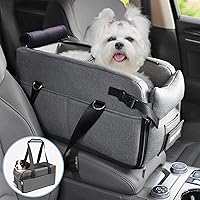 WOYYHO Small Dog Car Seat with Safety Belt and Top Mesh Cover, Side Storage Pockets Console Dog Car Seat, Thickened Pet Booster Seat for Car, Waterproof Easy to Clean Puppy Car Seat (Grey Leather)