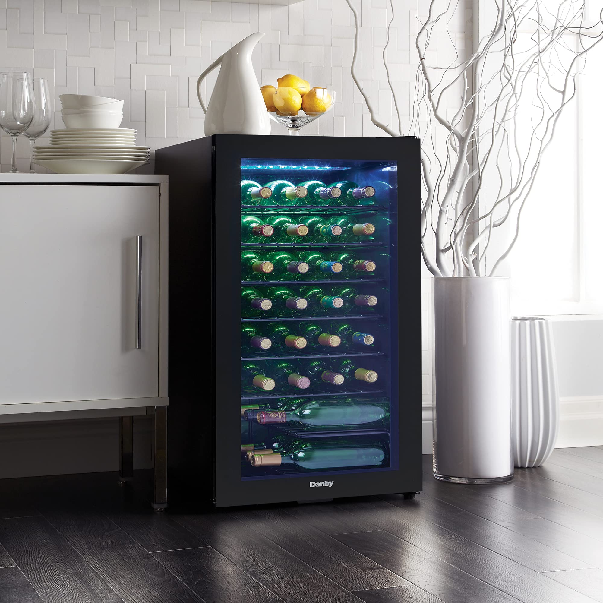 Danby DWC036A2BDB-6 3.3 Cu. Ft. Free Standing Wine Cooler, Holds 36 Bottles, Single Zone Drinks Fridge with Glass Door-Beverage Chiller for Kitchen, Home Bar, in Black