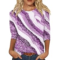 Round Neck Work Shirt for Ladies Oversized Cotton Floral Elegant Comfy Pullover Floral Three Quarter Sleeve Floral Pullover for Women Purple