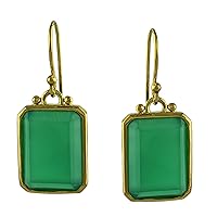 Carillon Green Onyx Natural Gemstone Octagon Shape 925 Sterling Silver Uniqe Drop Dangle Earrings | Yellow Gold Plated
