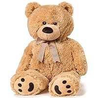 Big Teddy Bear - Fluffy Fur, Ribbon & Bow Signature Footprints- Huggable & Lovable Joy - Ideal Gift for Baby Showers, Loved Ones – Perfect Big Cuddly Plush Toy Companion, 28 Inches, Tan
