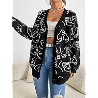 Women's Fashion Casual Cardigan Sweater Abstract Figure Pattern Drop Shoulder Cardigan Charming Mystery Special Beautiful (Color : Black, Size : Medium)