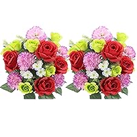 2 pcs 24 Stem Artificial Flowers Roses Carnation Mixed Bush Spring Faux Flower Indoor Wedding Home Decor, Cemetery Decorations for Grave, Red, Kiwi, Lavender