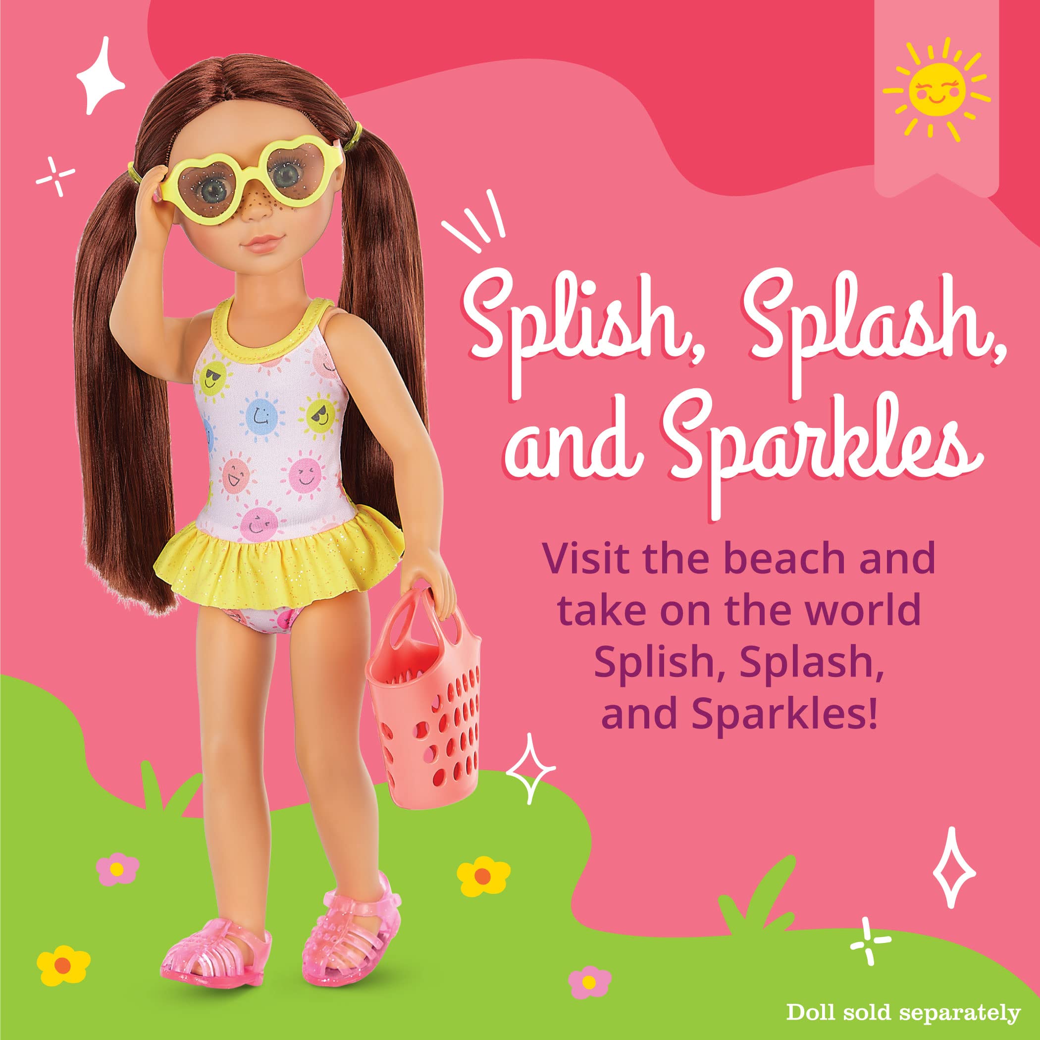 Glitter Girls – 14-inch Doll Clothes – 4Pcs Swimsuit Outfit – Sunny One-Piece & Beach Bag – Heart Sunglasses & Pink Sandals – 3 Years+ – Splish, Splash, and Sparkles