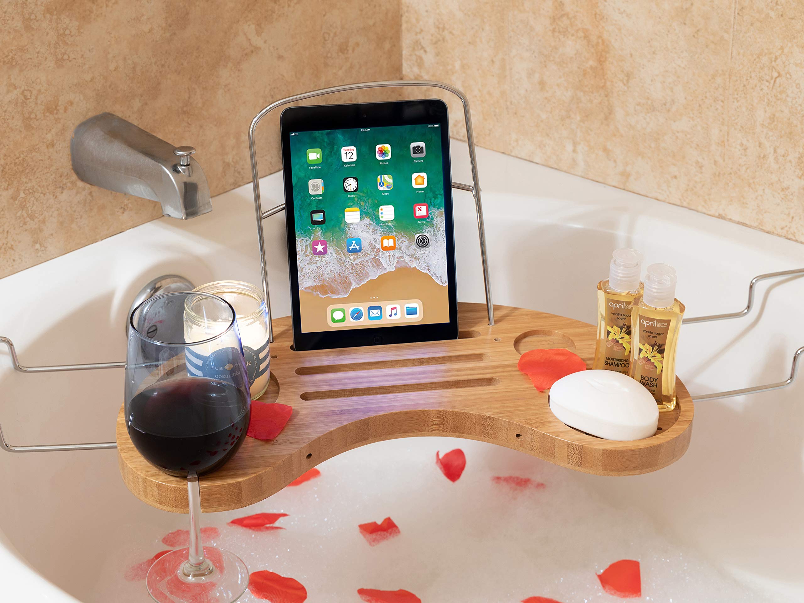 Olivia & Aiden Luxury Bathtub Caddy Tray (Bamboo) Expandable Tub Organizer w/Detachable Tablet Backrest, Wine Glass Holder, Smartphone Holder | Portable Spa Comfort