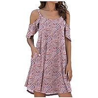 Women's Summer Casual Spaghetti Straps Sundress Dress Cold Shoulder Ruffle Sleeve Dresses with Pocket