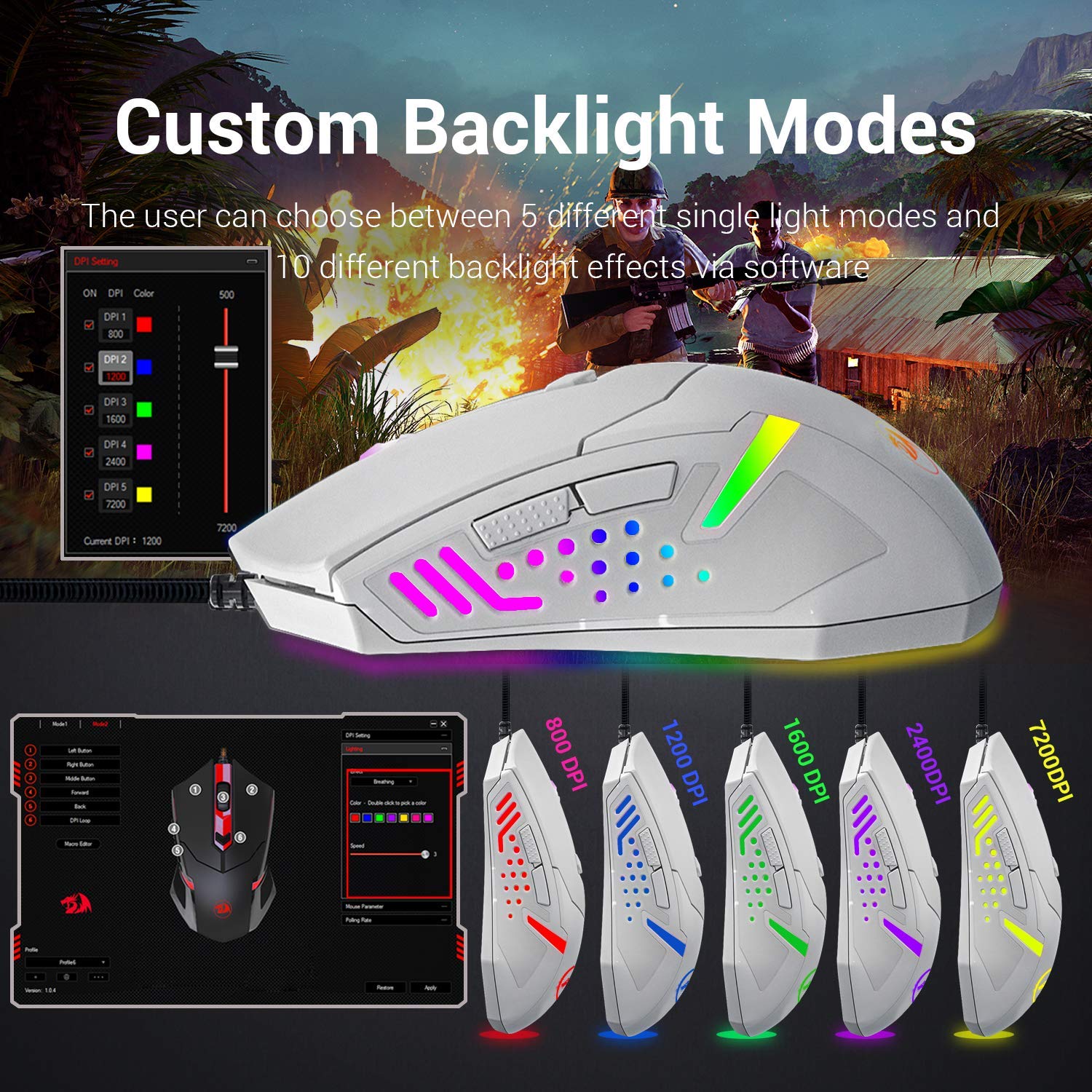 Redragon M601 RGB Gaming Mouse Backlit Wired Ergonomic 7 Button Programmable Mouse Centrophorus with Macro Recording & Weight Tuning Set 7200 DPI for Windows PC (White)