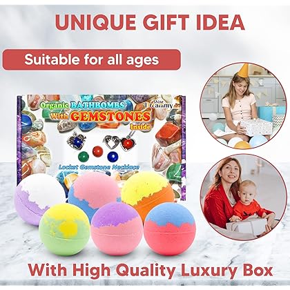 Pack of 6 Bath Bombs for Girls Women with Surprise Inside. 3 Gemstones and 1 Locket Inside 4 Random Bath Bombs. Bath Bubbles spa Gift Set for Girls Women.