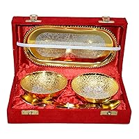 Marusthali German Floral Gold and Silver Plated Bowl with Tray Set Includes -1 Tray, 2 Bowls (200 ml), 2 Spoons | Royal Bowls Set | Serving Bowl | Snack Bowl