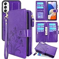 for Samsung Galaxy A14 5G 2023 Case,[12 Card Slots] ID Credit Cash Holder Zipper Pocket Detachable Magnet Leather Wallet Cover with Wrist Strap Lanyard (Butterfly Purple)