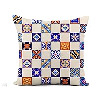 Flax Throw Pillow Cover Colorful Mexican Talavera Tiles in Blue Orange and White 20x20 Inches Pillowcase Home Decor Square Cotton Linen Pillow Case Cushion Cover