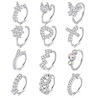 Tornito 10Pcs Nose Ring Hoop Paved Flower Leaf Feather CZ Cartilage Earrings Nose Piercing Jewelry for Women Men Silver Gold Rose Gold Tone 20G